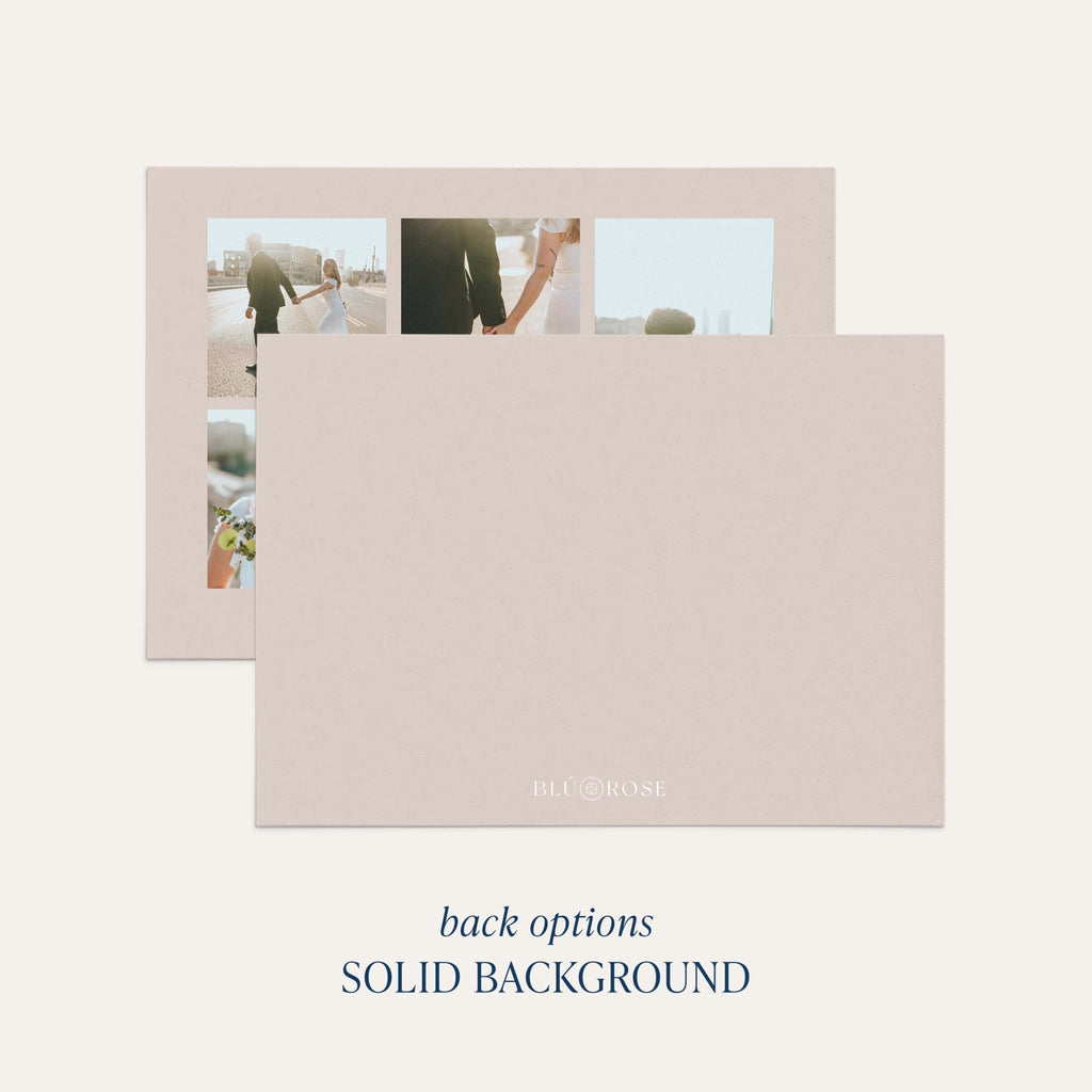 Photo Grid card back option: solid blush with a small Blú Rose mark