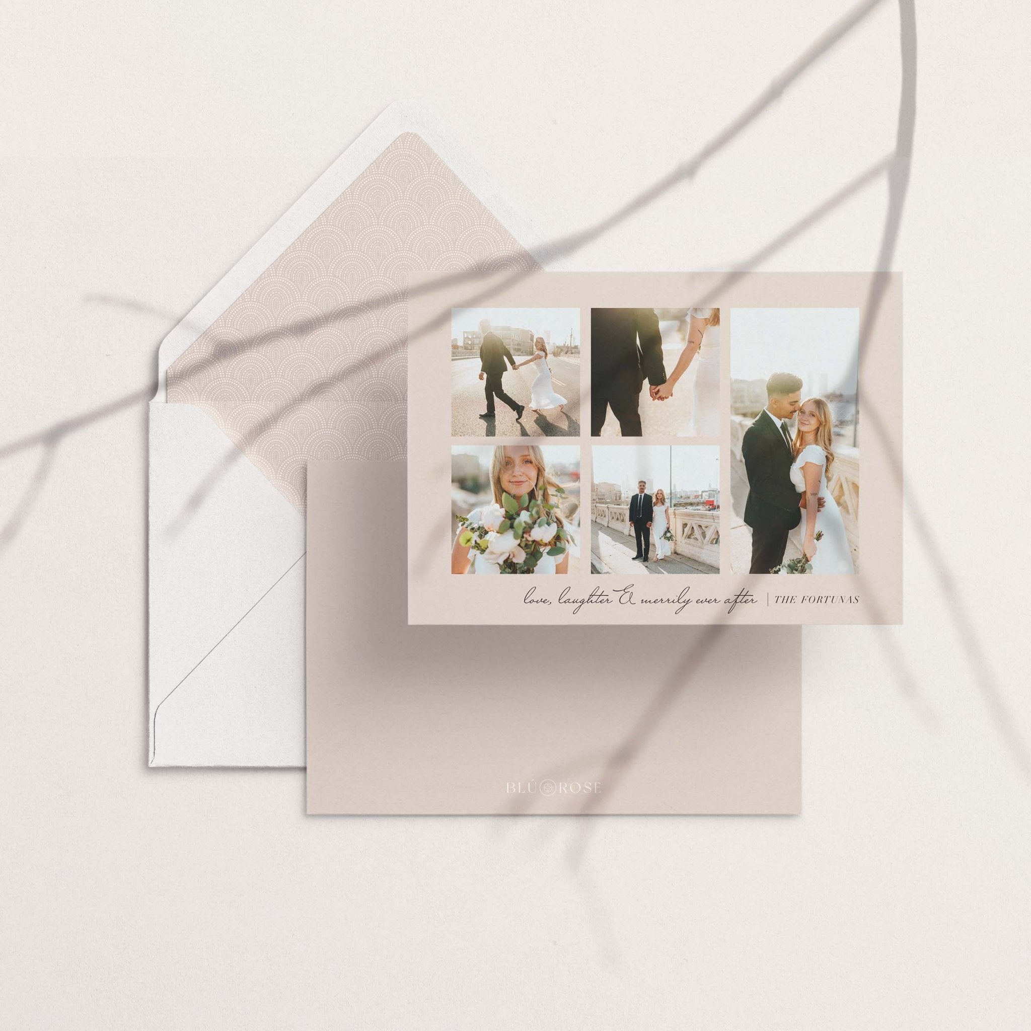 Photo Grid card with its blush envelope liner in a flat lay on a neutral surface