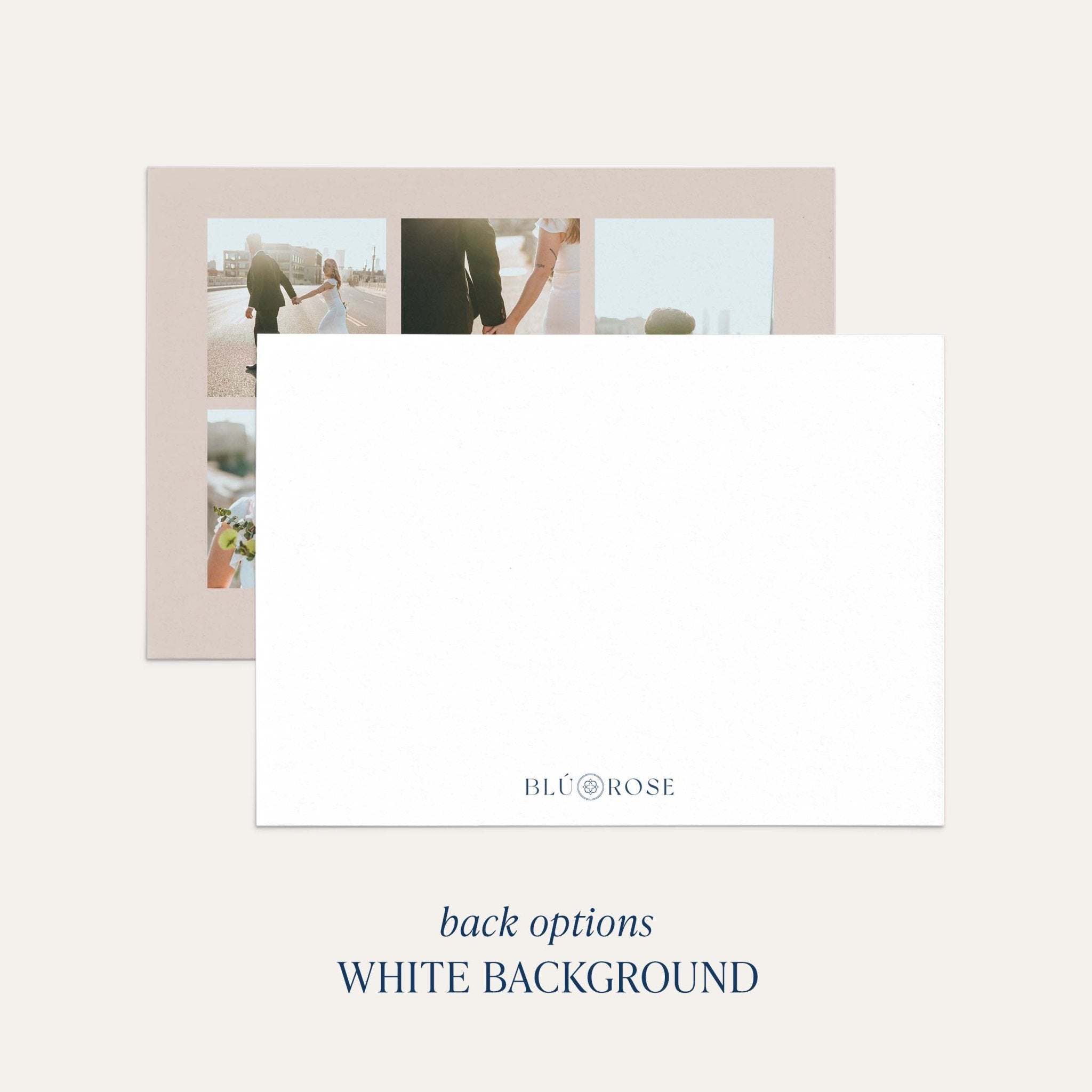 Photo Grid card back option: plain white with a small Blú Rose mark