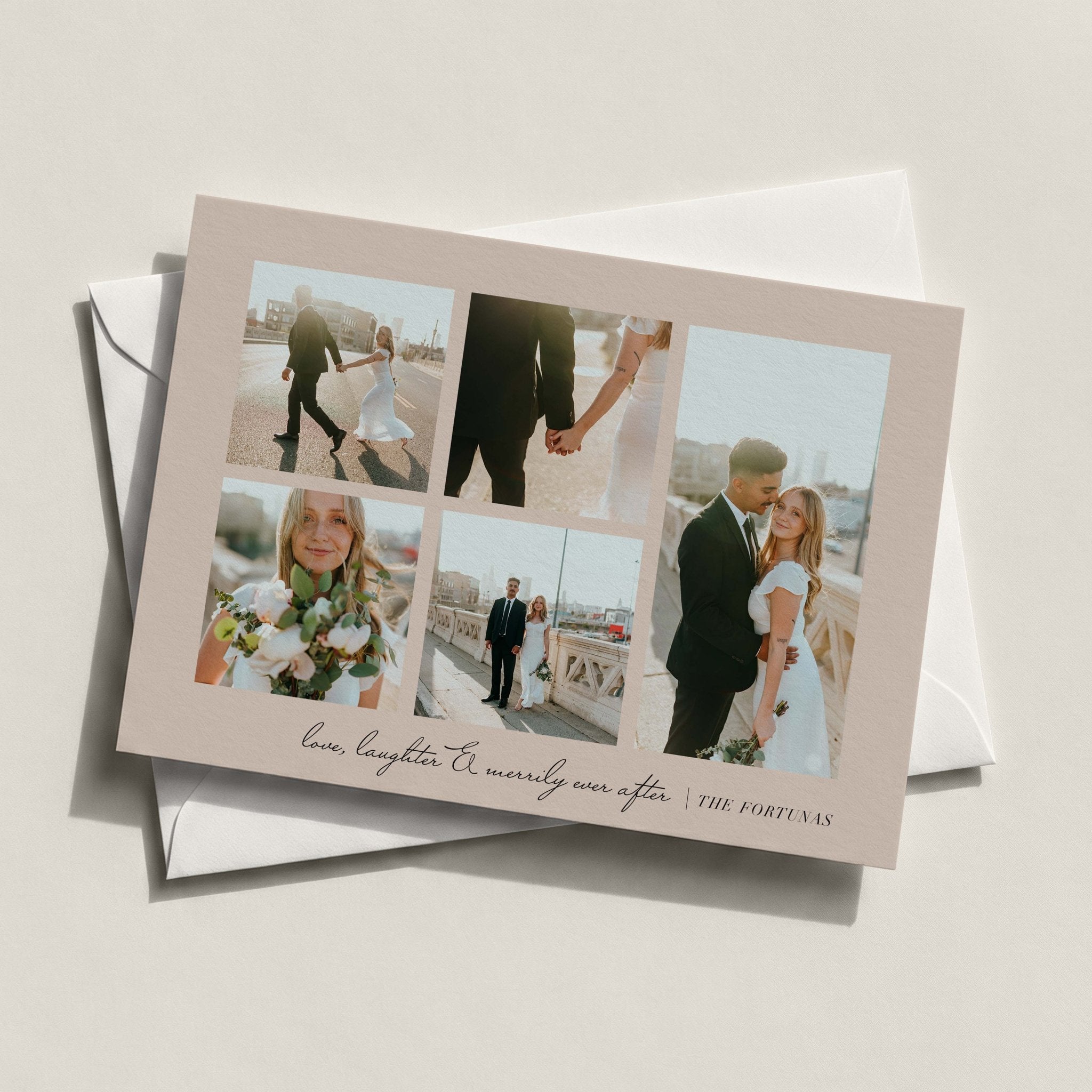 Photo Grid landscape card with a five-photo collage and a personalized family name in script