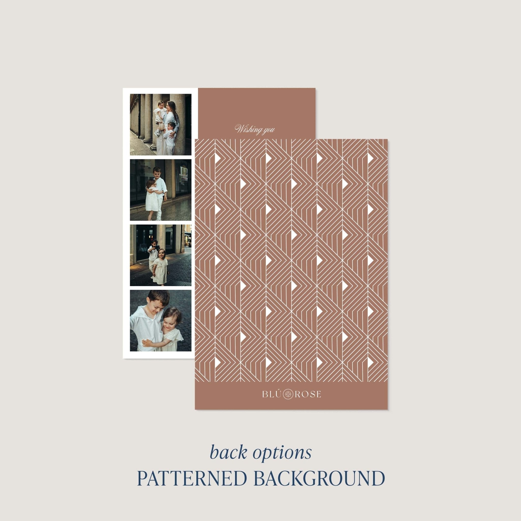 Photo Strip Holiday Card back option with a subtle patterned brown background