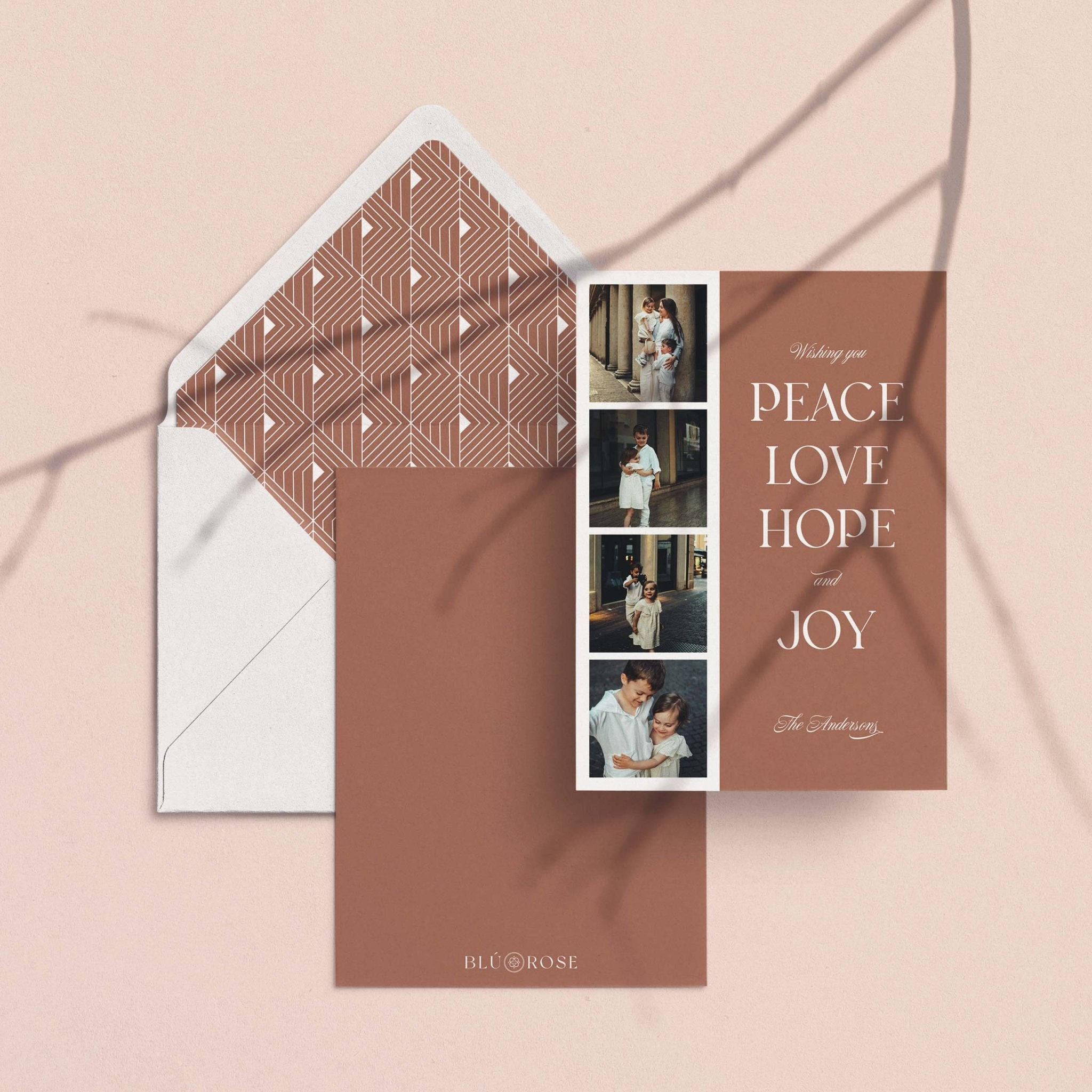 Photo Strip Holiday Card with matching envelope, patterned envelope liner in a soft brown tone