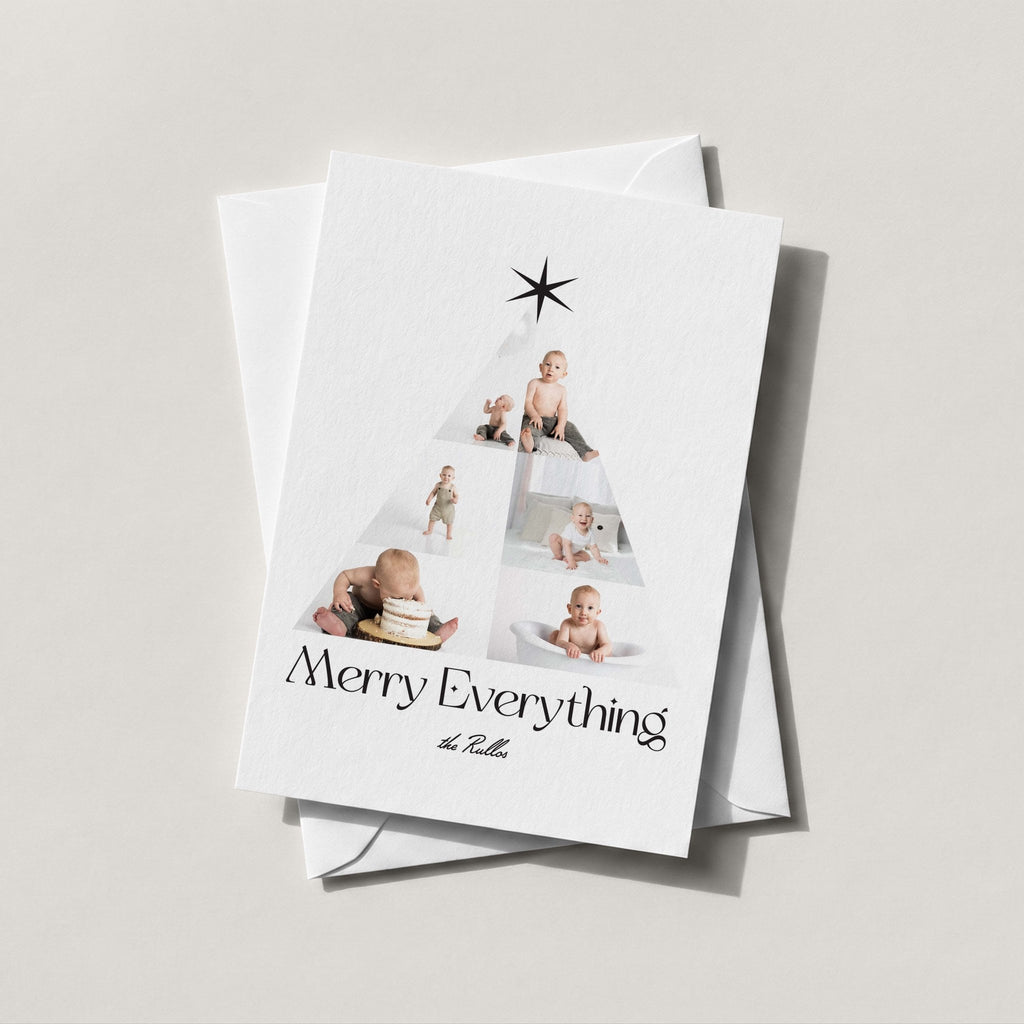 Photo Tree card arranging six family photos into a Christmas tree with Merry Everything script