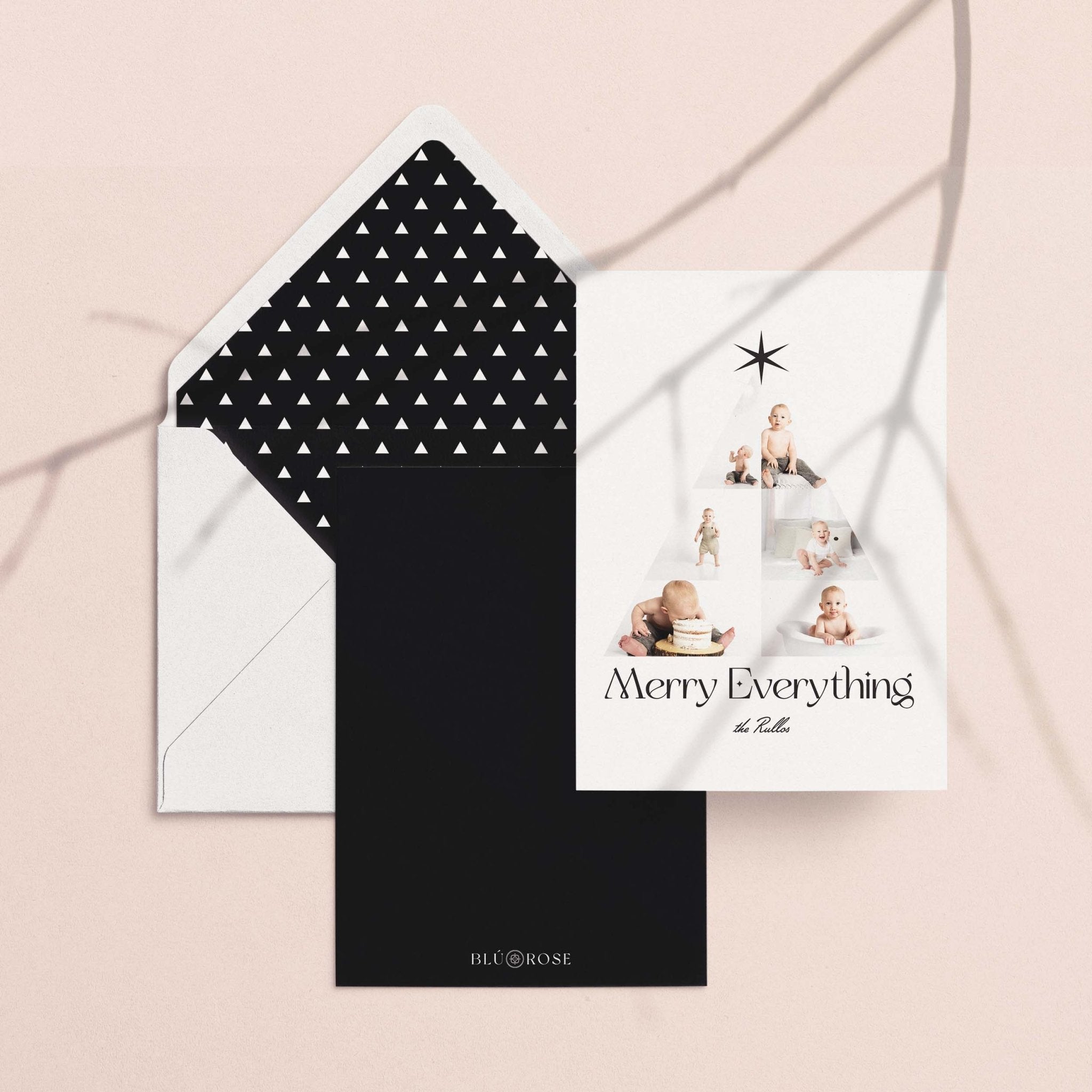 Photo Tree card with its black dotted envelope liner styled on a blush backdrop