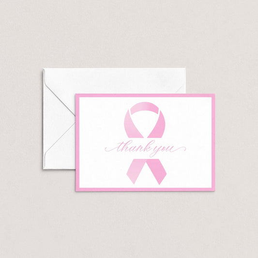 Pink Ribbon Thank You Card by Blú Rose featuring a pink awareness ribbon with script text and pink border shown flat with white envelope on a neutral background