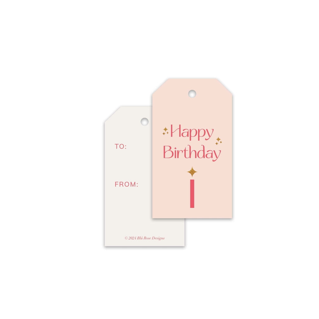 Pink Sparkle Birthday gift tags by Blú Rose, front and back of blush 'Happy Birthday' tags showing the design and to/from lines