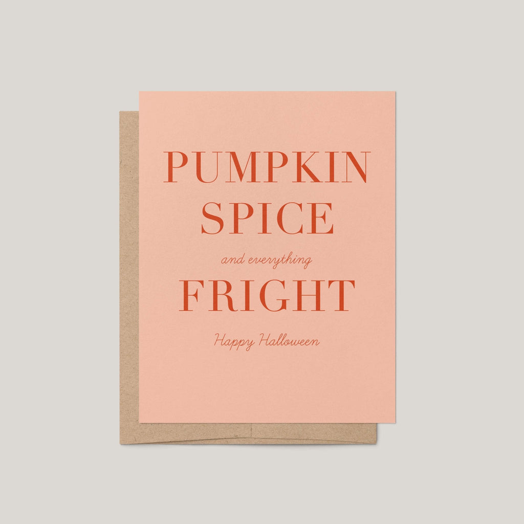 Pumpkin Spice & Everything Fright Halloween greeting card by Blú Rose, blush card with terracotta serif text, shown with kraft envelope