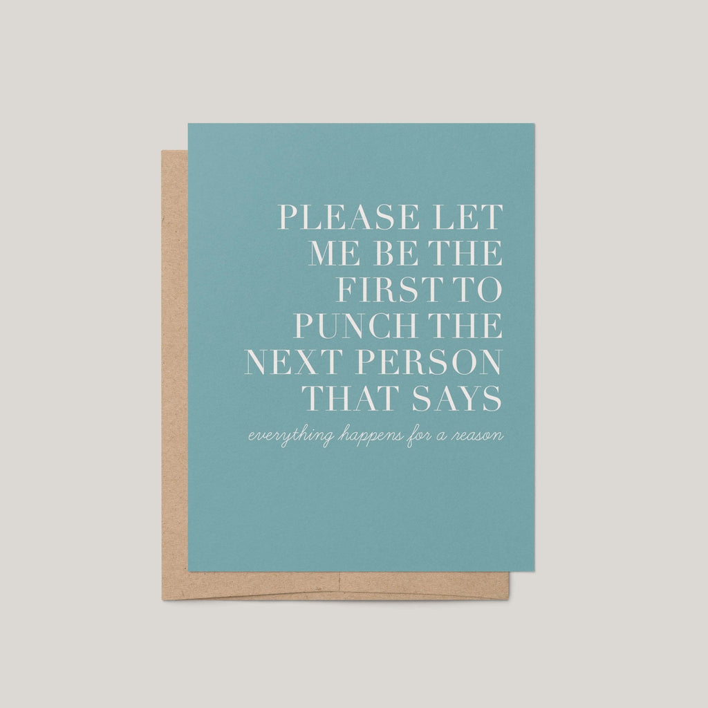 Punch the Next Person funny sympathy greeting card by Blú Rose, dusty blue card with white serif text, shown with kraft envelope