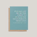 Punch the Next Person funny sympathy greeting card by Blú Rose, dusty blue card with white serif text, shown with kraft envelope
