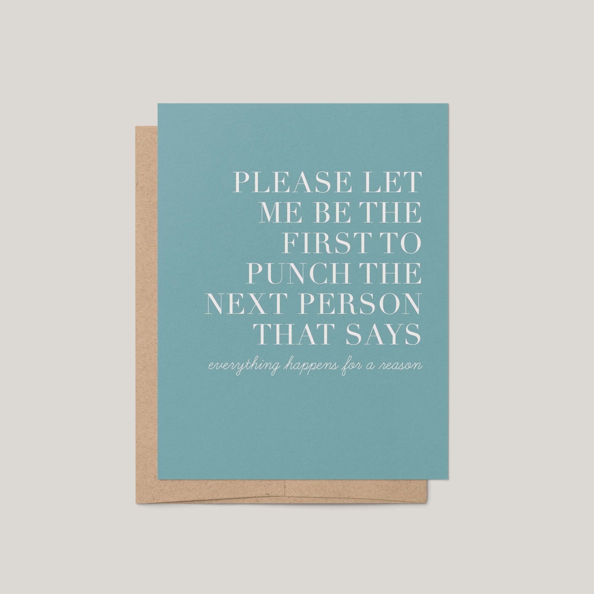 Punch the Next Person funny sympathy greeting card by Blú Rose, dusty blue card with white serif text, shown with kraft envelope