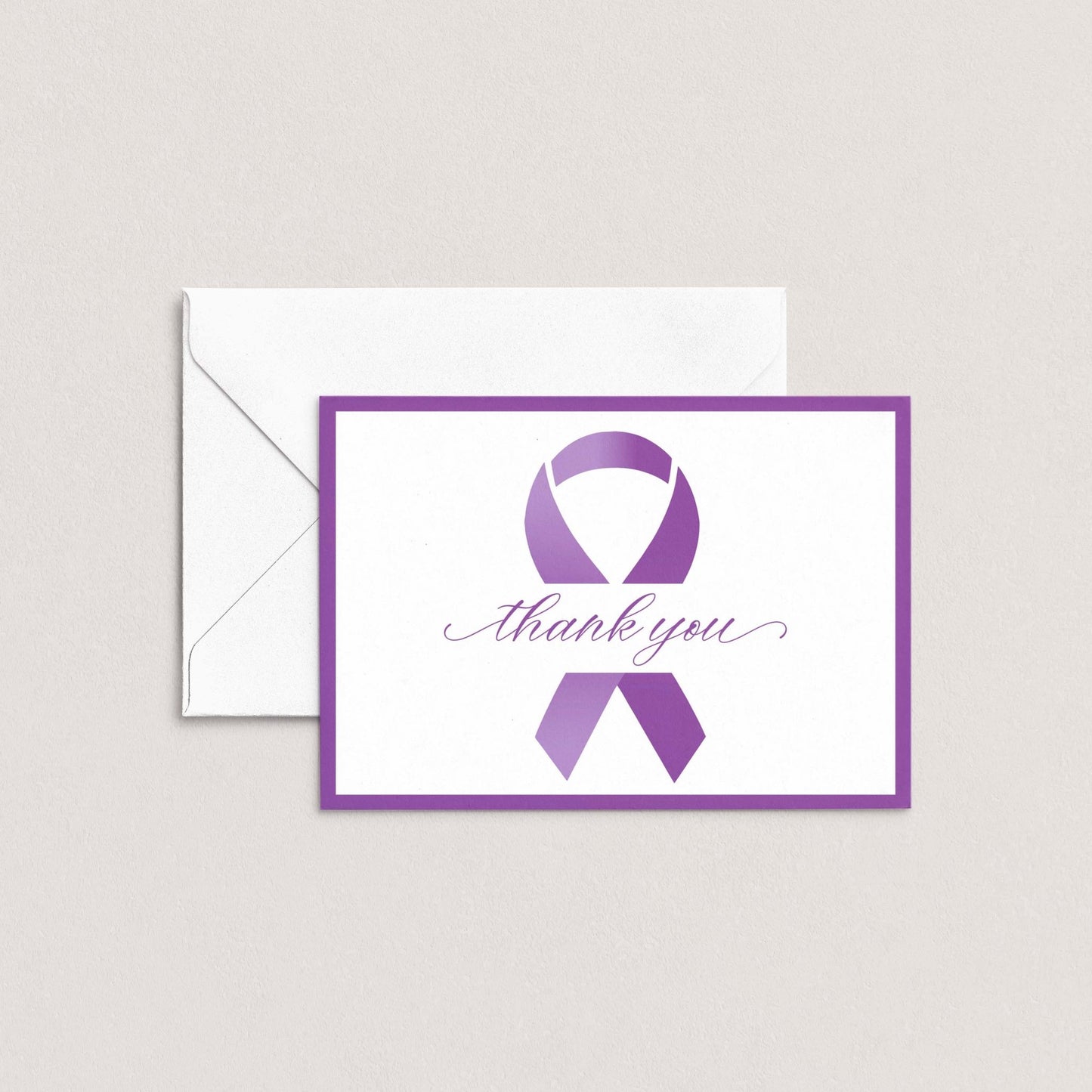 Purple Ribbon Thank You Card by Blú Rose shown flat with white envelope on a neutral background