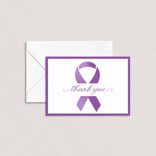 Purple Ribbon Thank You Card by Blú Rose shown flat with white envelope on a neutral background