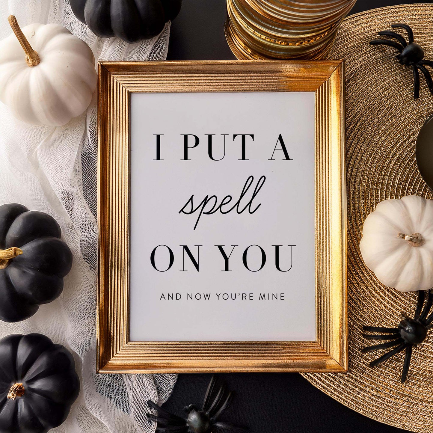 Put A Spell On You quote art print styled with pumpkins and fall decor for Halloween wall art