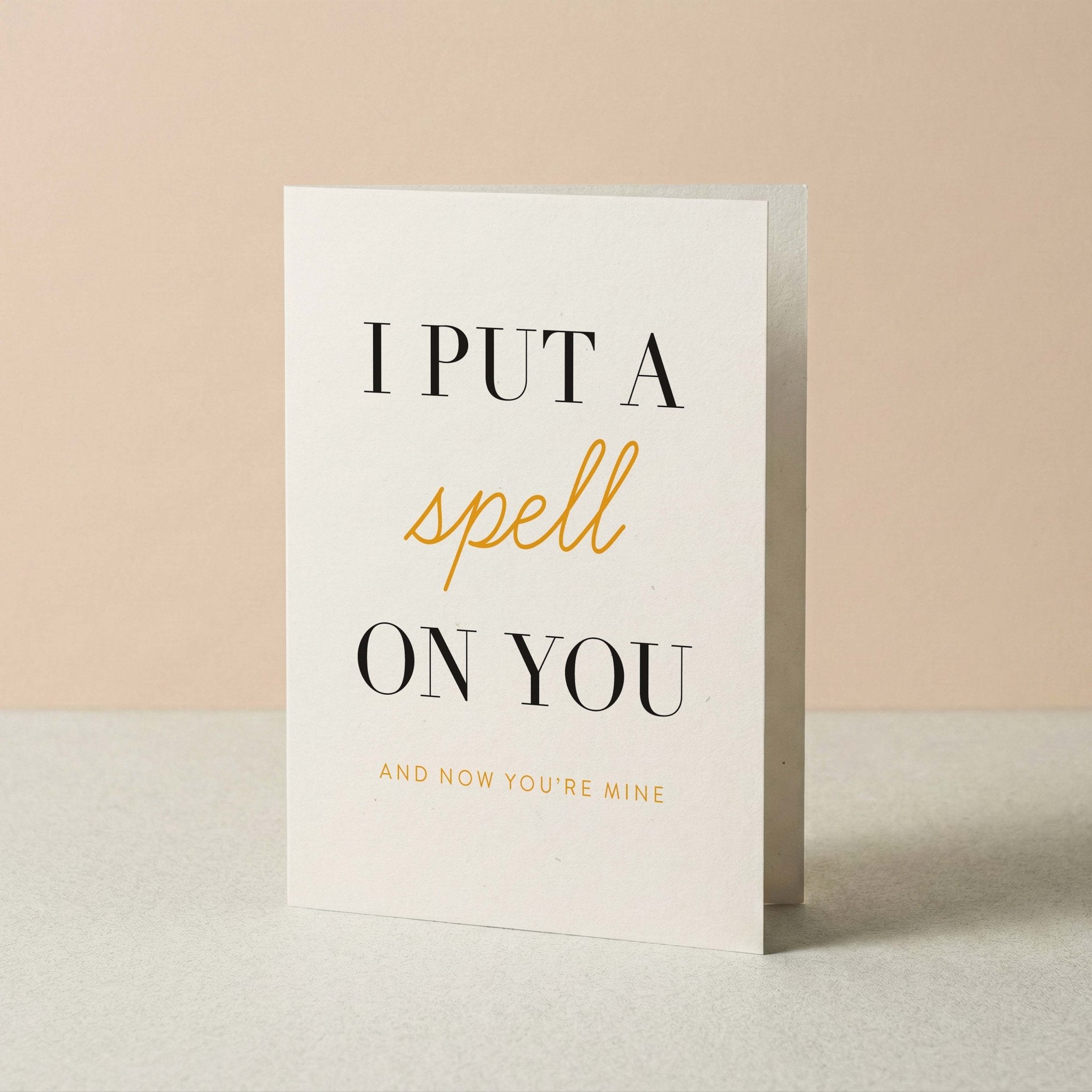 Put a Spell on You Halloween card by Blú Rose standing upright, ivory card with I put a spell on you text on a neutral background