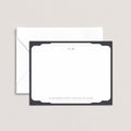 Retro Frame personalized notecards by Blú Rose, white flat notecard with a black frame border, 'H | M' monogram and a Boston address, shown with a coordinating white envelope