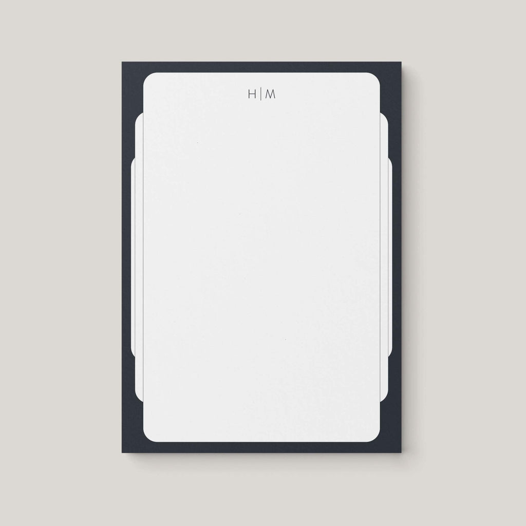 Retro Frame personalized notepad by Blú Rose, white notepad with a black frame border and an 'H | M' monogram