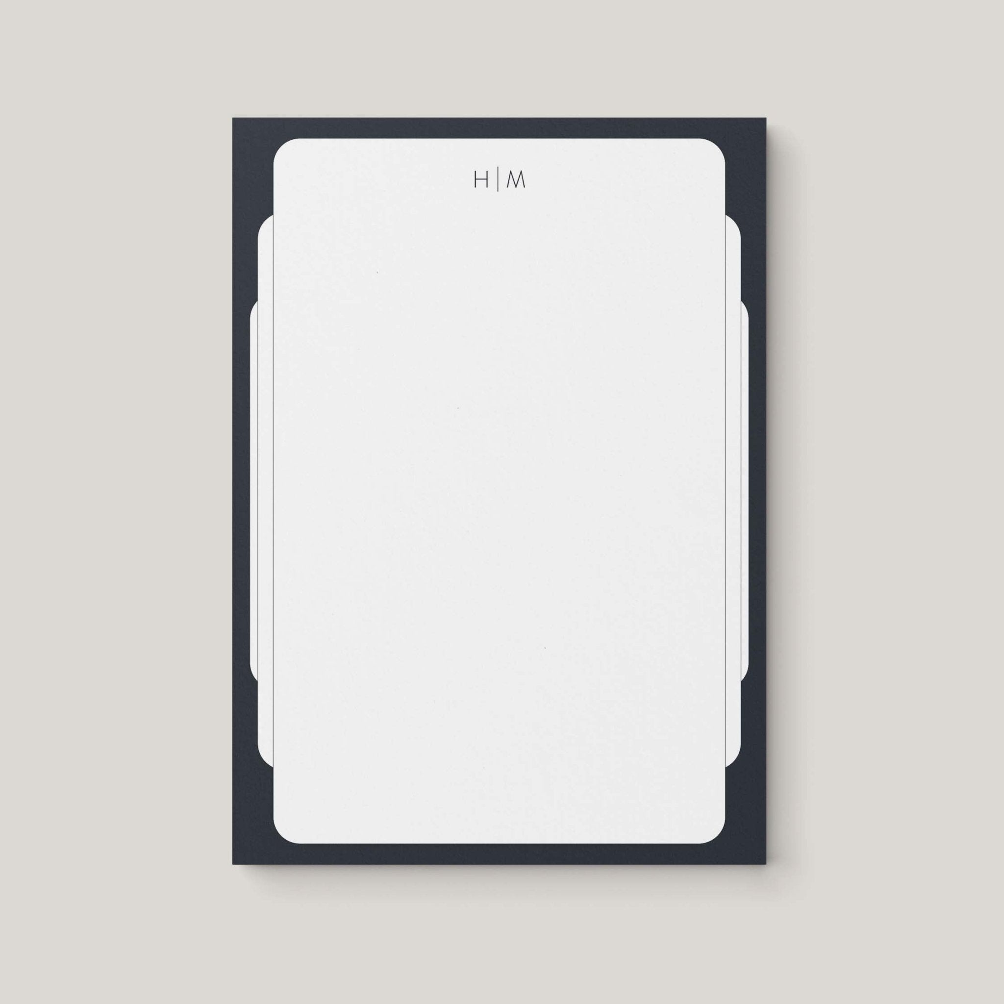 Retro Frame personalized notepad by Blú Rose, white notepad with a black frame border and an 'H | M' monogram