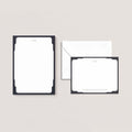 Retro Frame stationery set by Blú Rose, black-framed notepad with matching flat notecard and envelope, personalized with an 'H | M' monogram