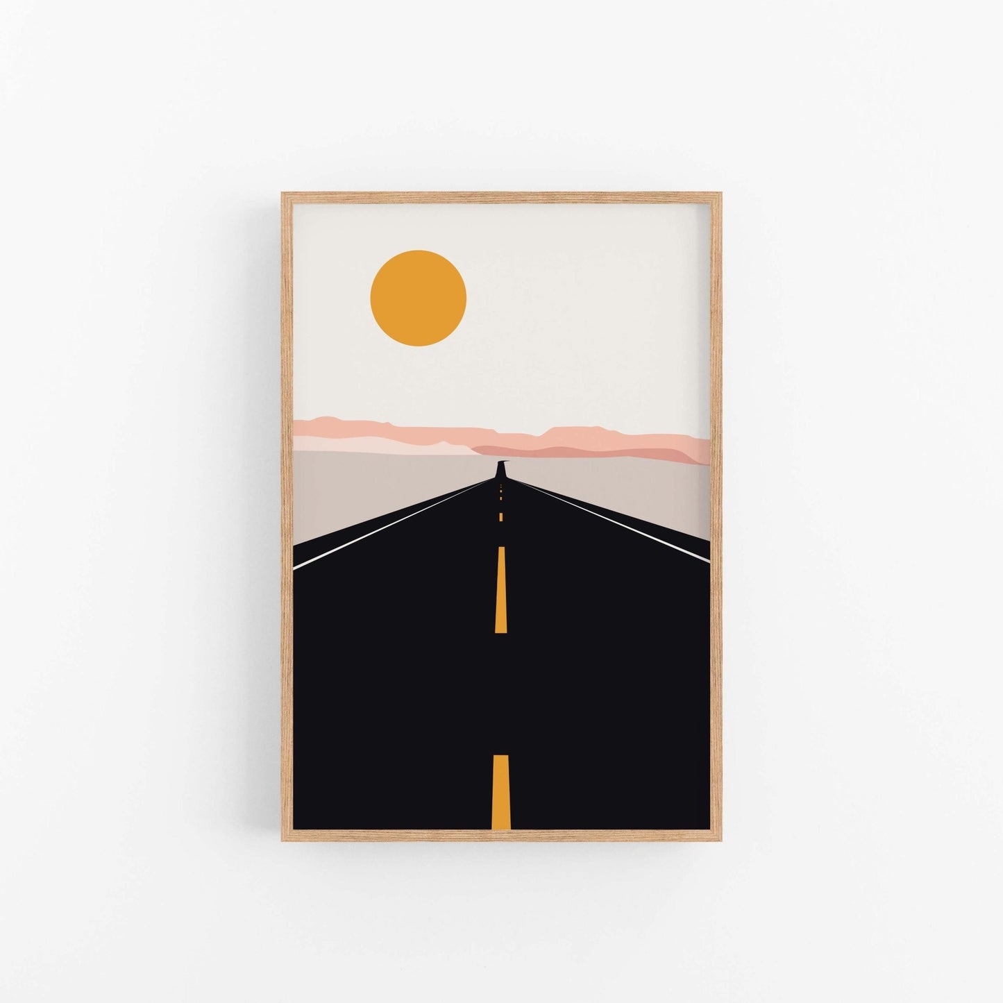 Framed abstract artwork with a road and sun on a white background