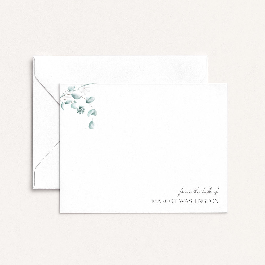 simple floral personalized notecards with green botanical illustration