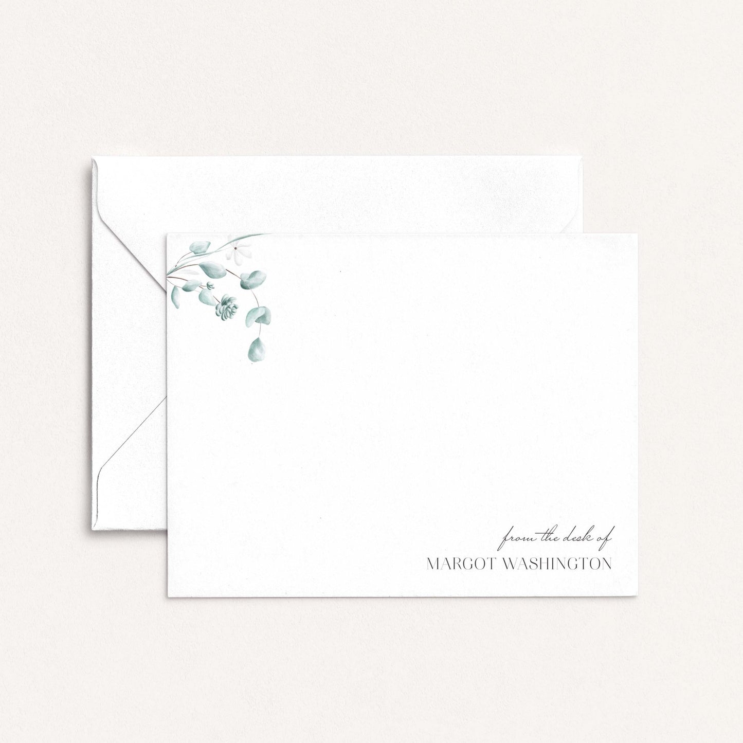 simple floral personalized notecards with green botanical illustration