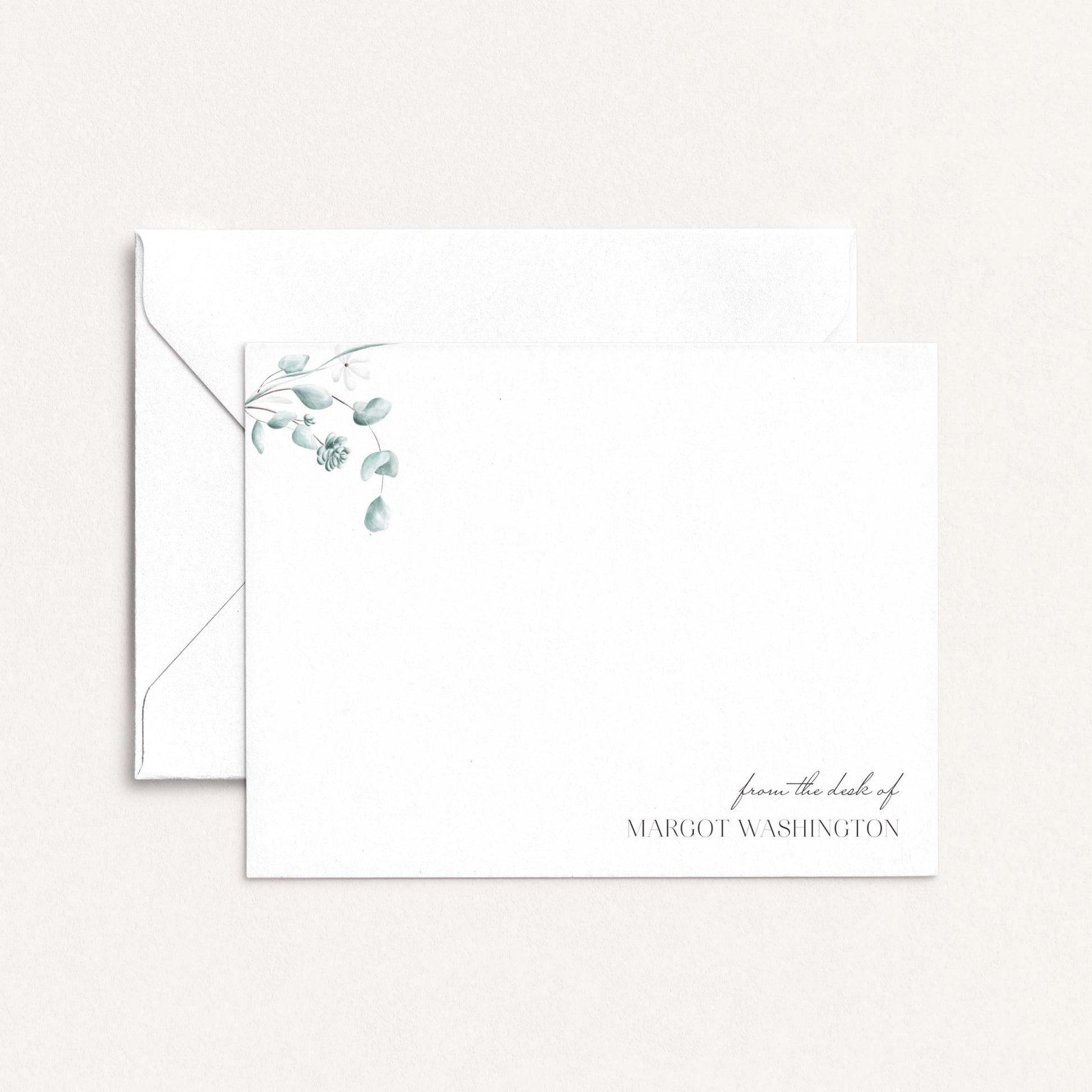 simple floral personalized notecards with green botanical illustration