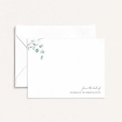 simple floral personalized notecards with green botanical illustration