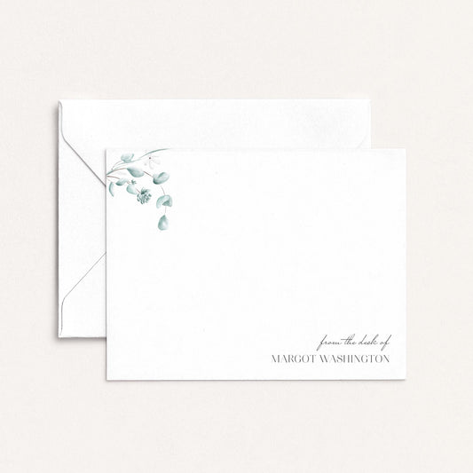simple floral personalized notecards with green botanical illustration