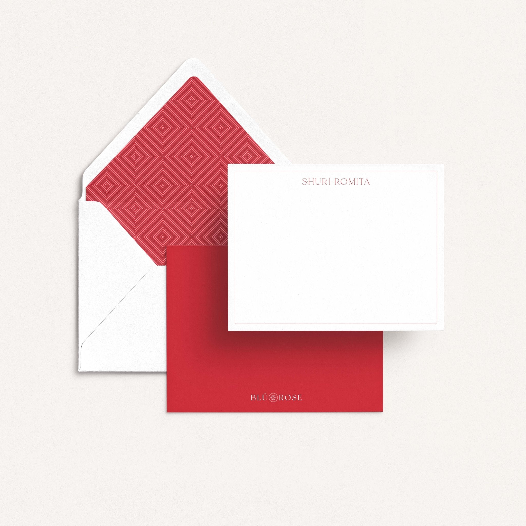 Skinny Border personalized notecards by Blú Rose, red-bordered notecard with a patterned red envelope liner and matching solid red back