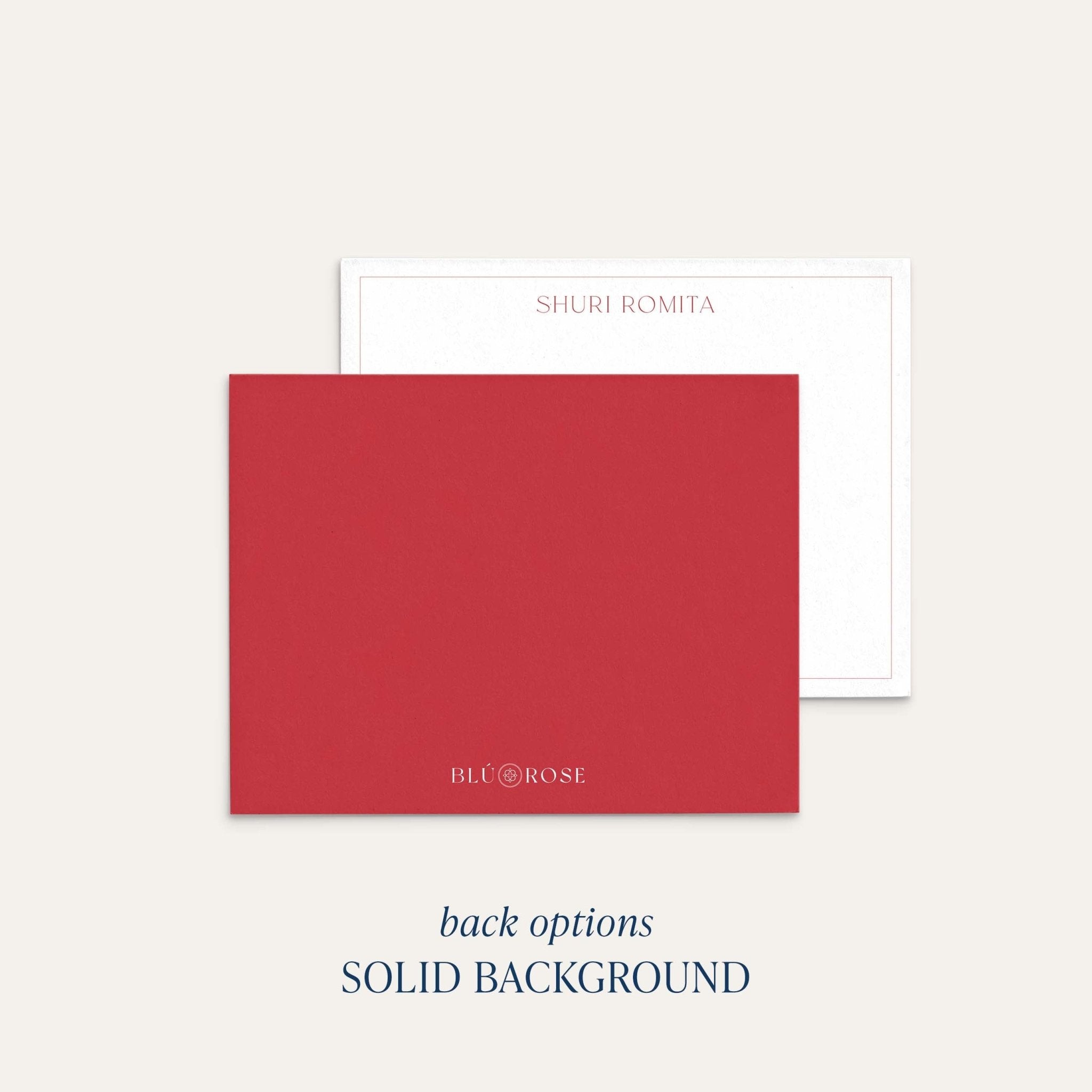 Skinny Border personalized notecards by Blú Rose, solid red background back option