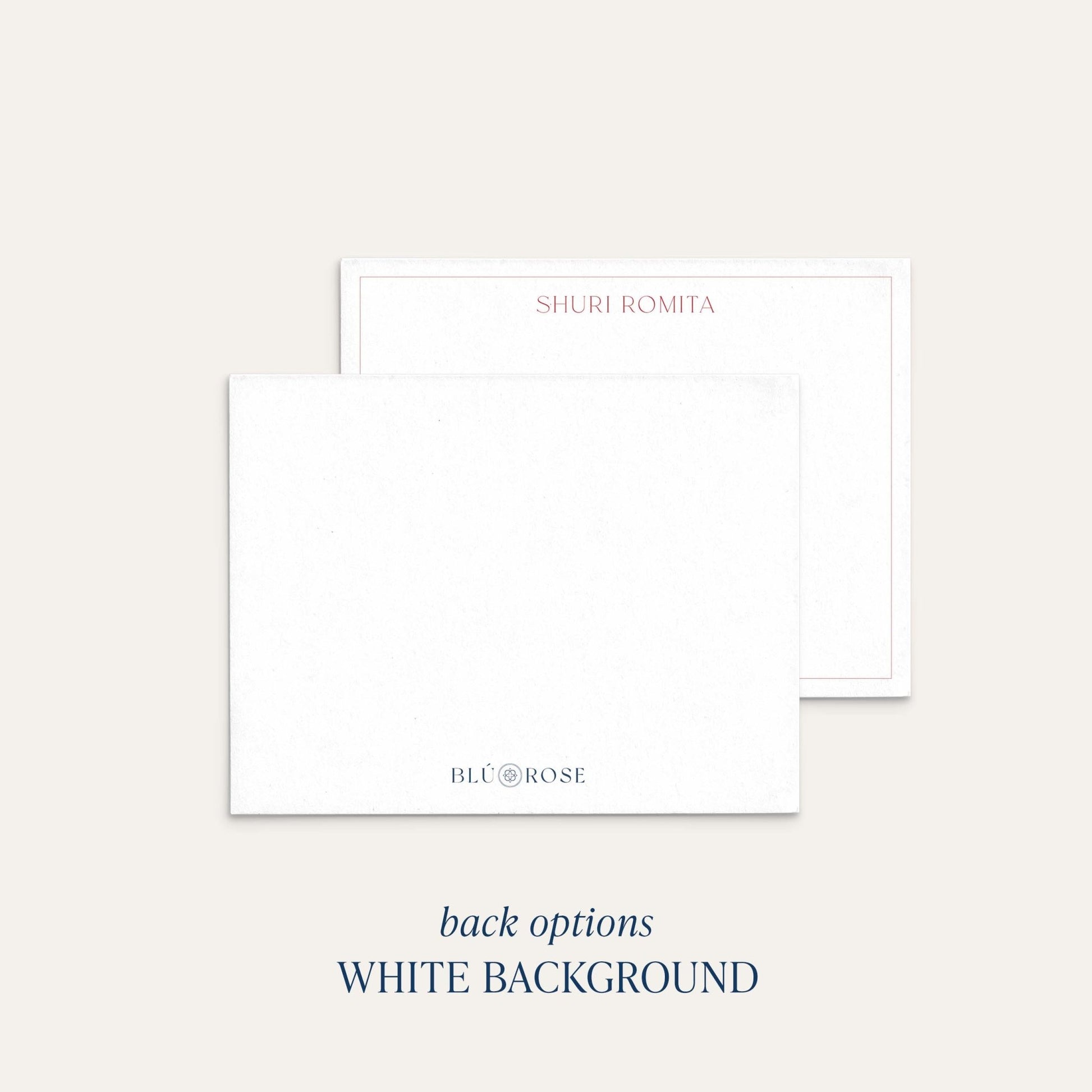 Flat notecard shown with back options - white background with Blú Rose logo at the bottom.
