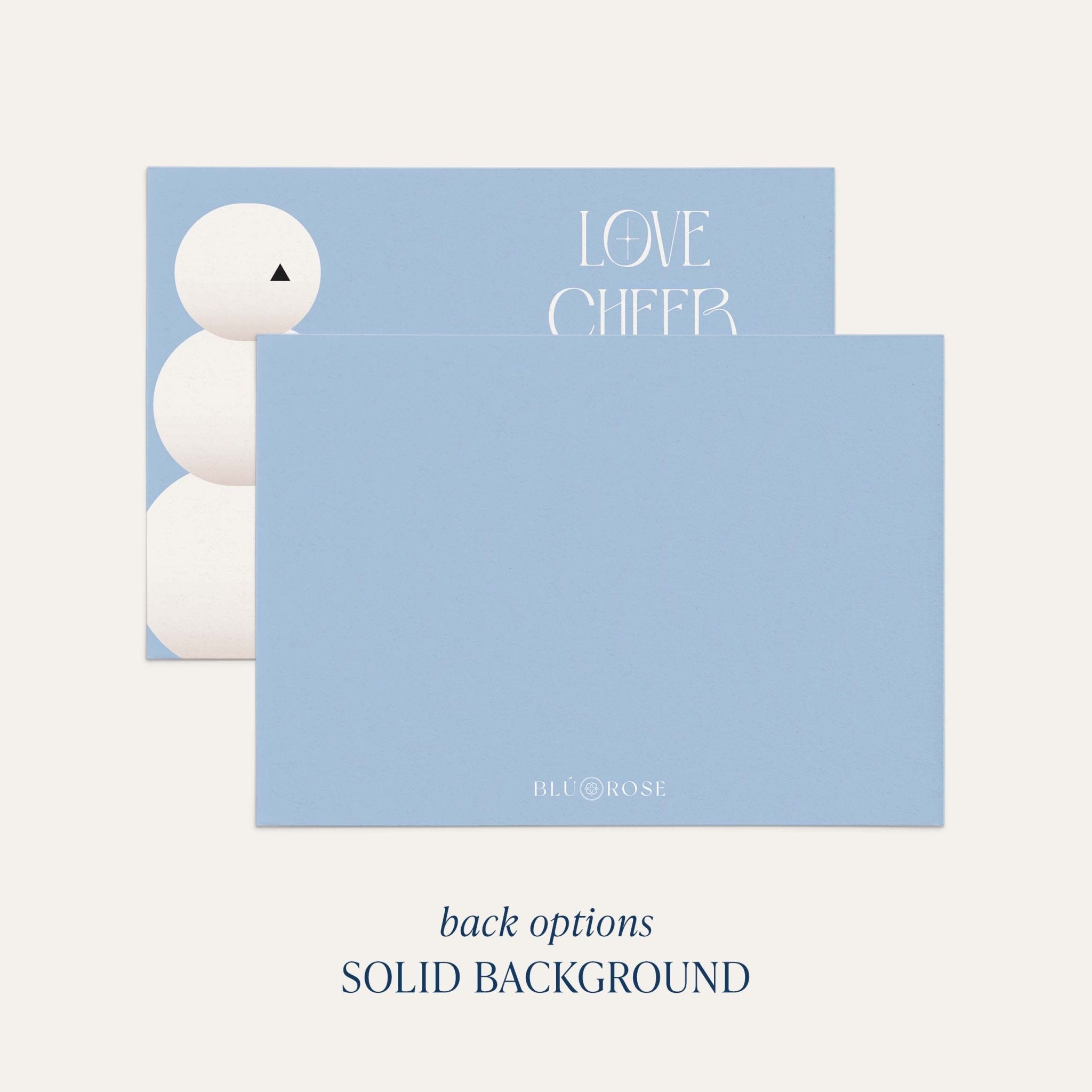 Snow People card back option: solid dusty blue with a small Blú Rose mark