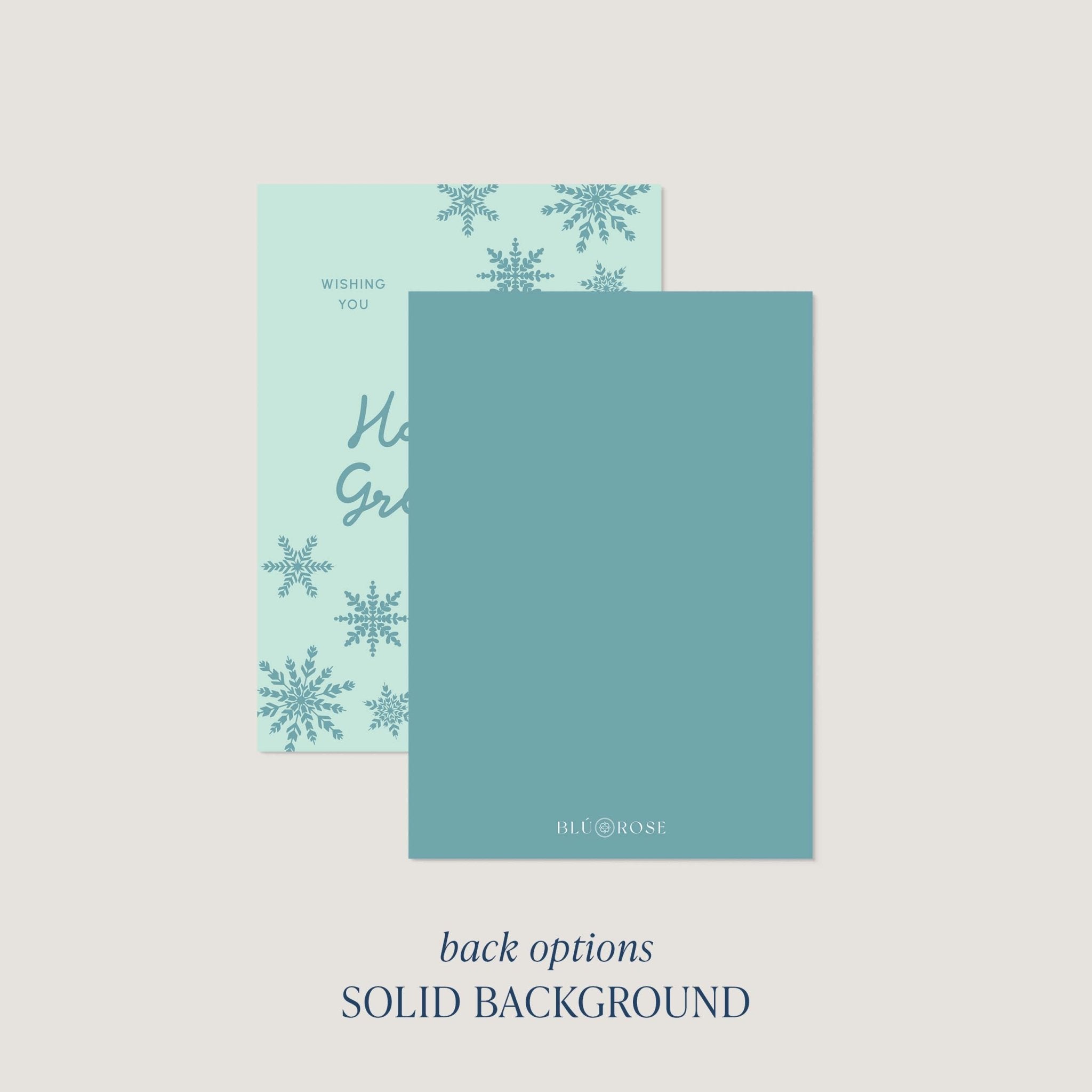 Snowflake Greetings card back option: solid teal with a small Blú Rose mark