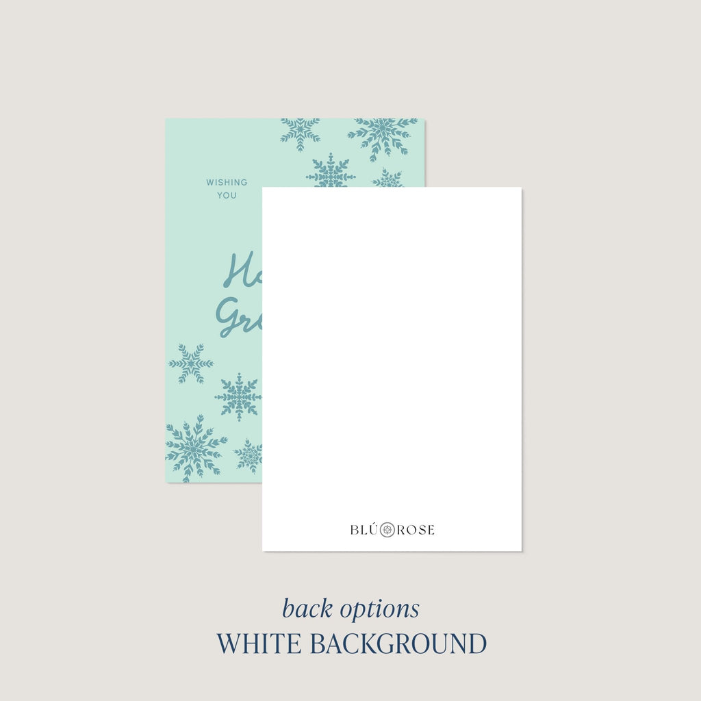 Snowflake Greetings card back option: plain white with a small Blú Rose mark