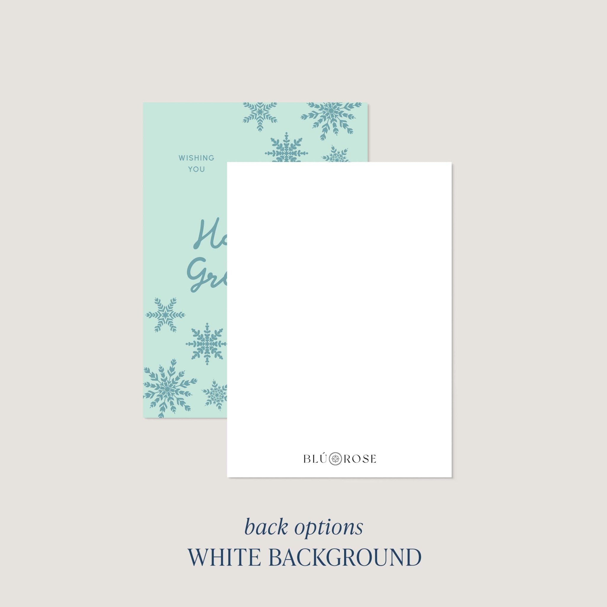 Snowflake Greetings card back option: plain white with a small Blú Rose mark