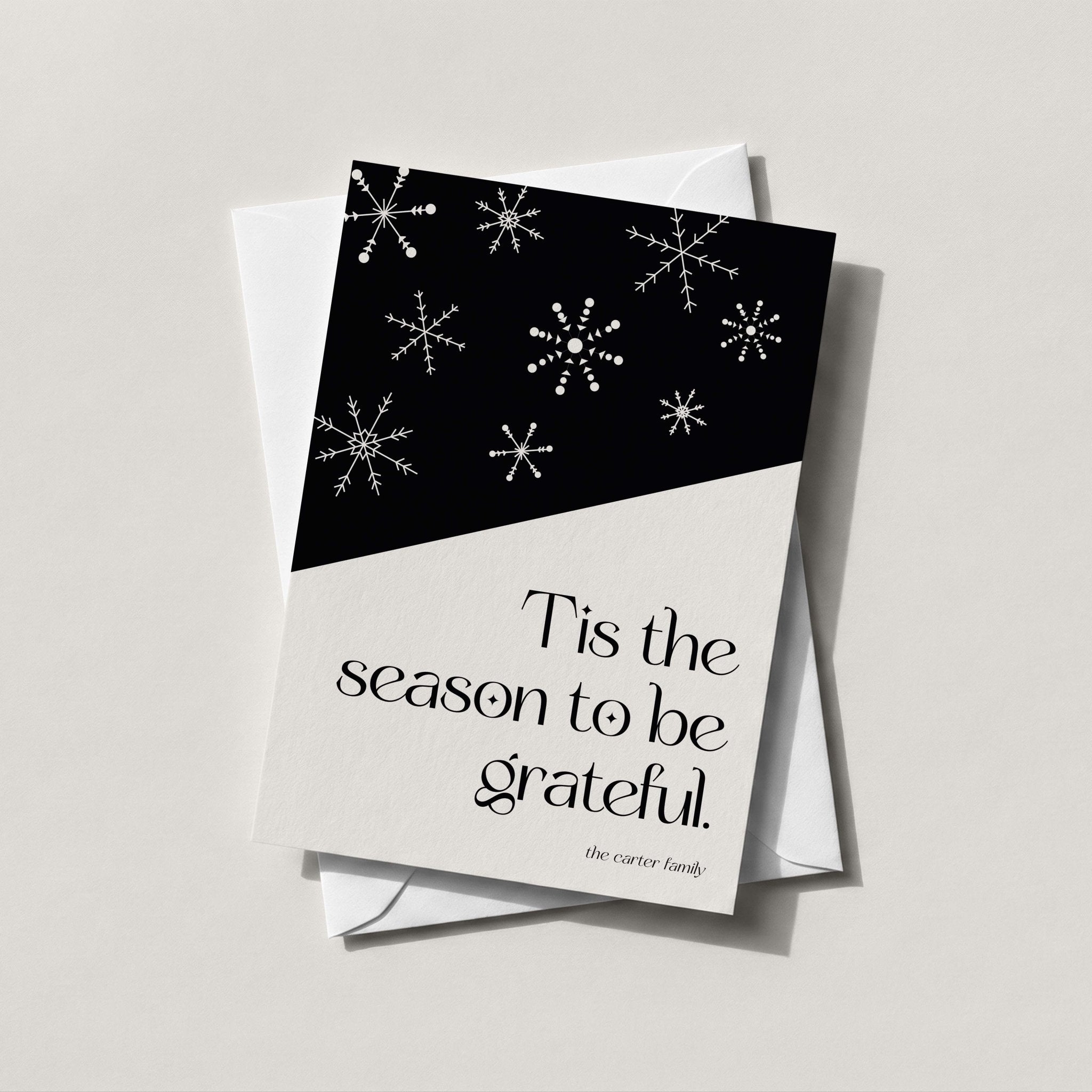 Snowflake Hill card in black with white snowflakes and Tis the season to be grateful in script
