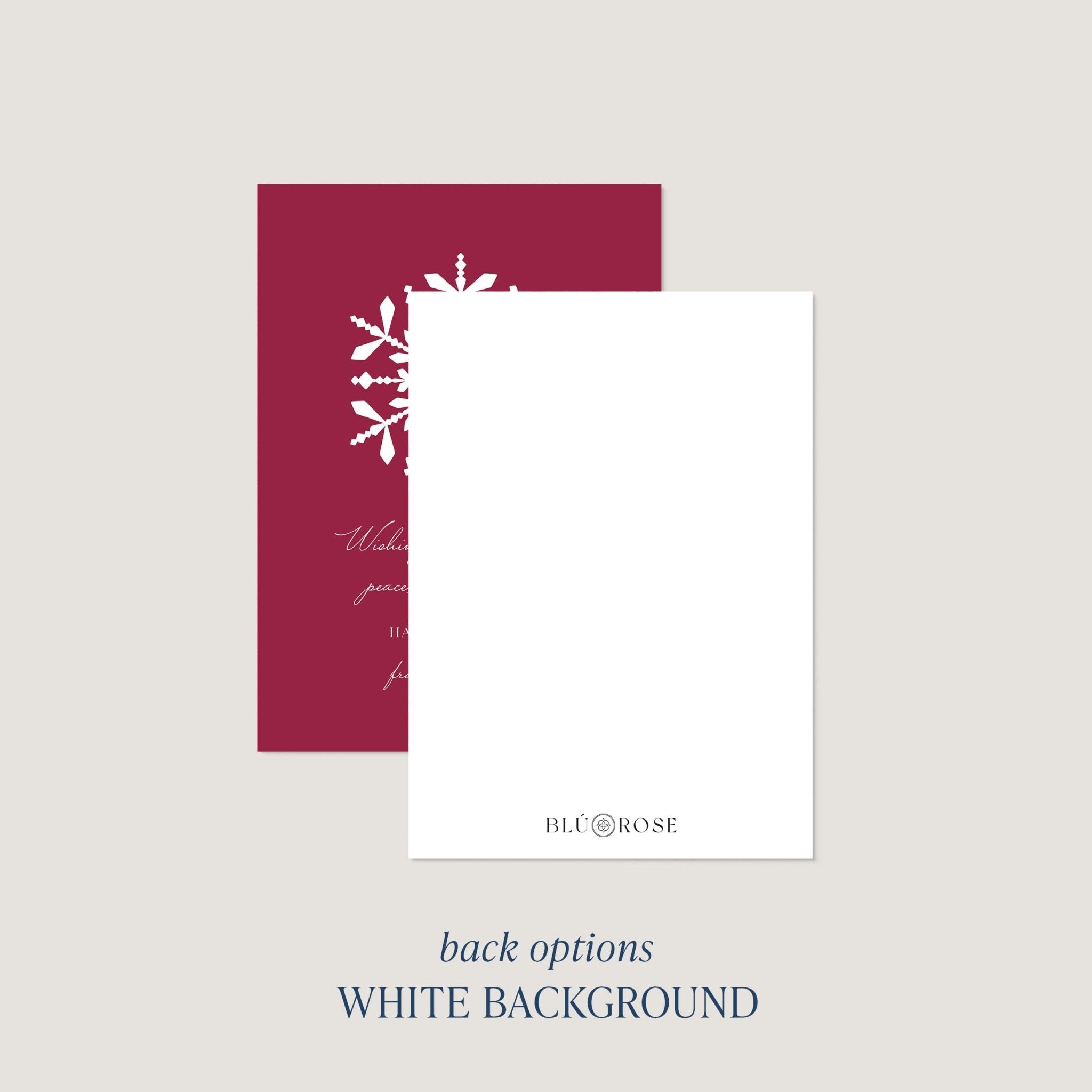 Snowflake card back option: plain white with a small Blú Rose mark