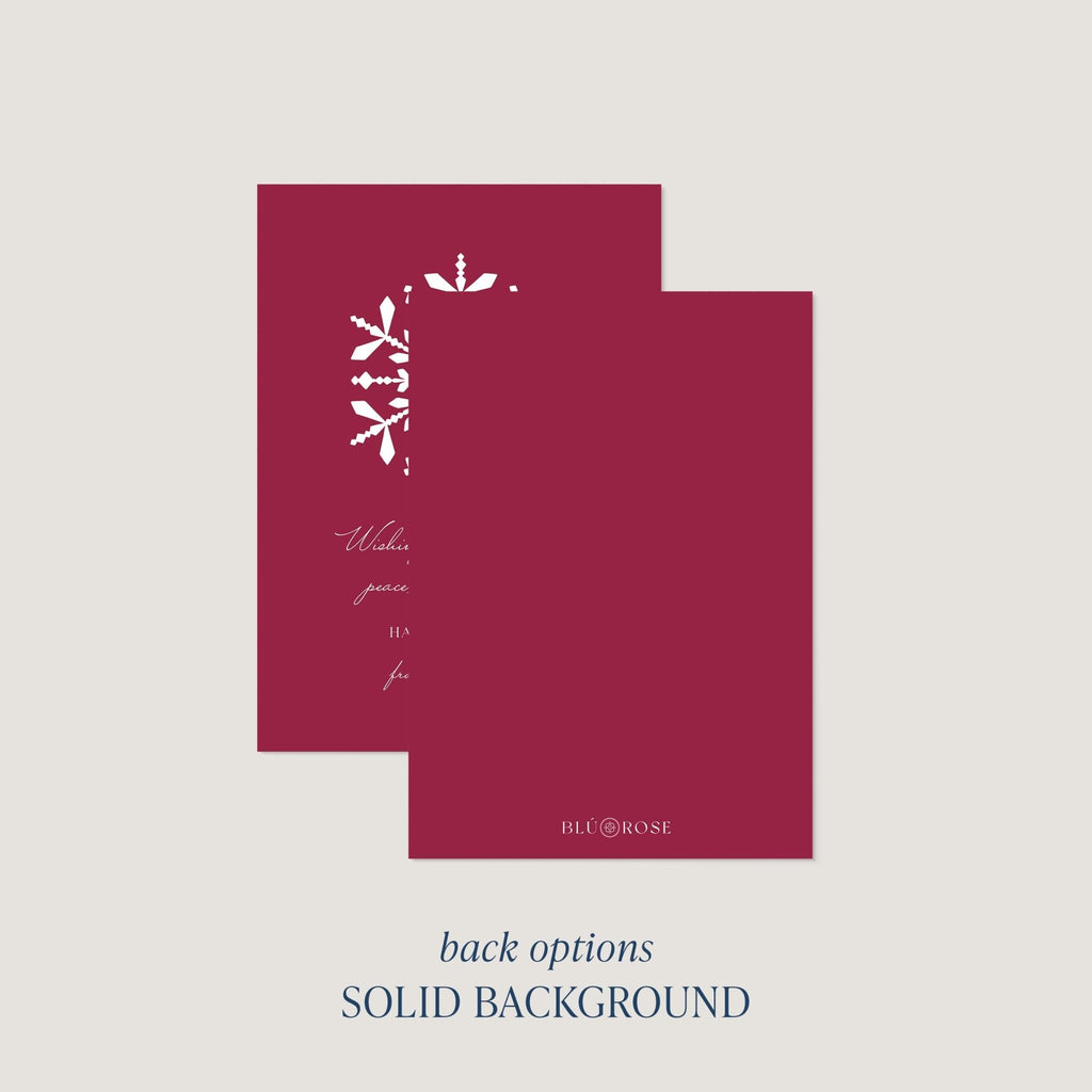 Snowflake card back option: solid burgundy with a small Blú Rose mark