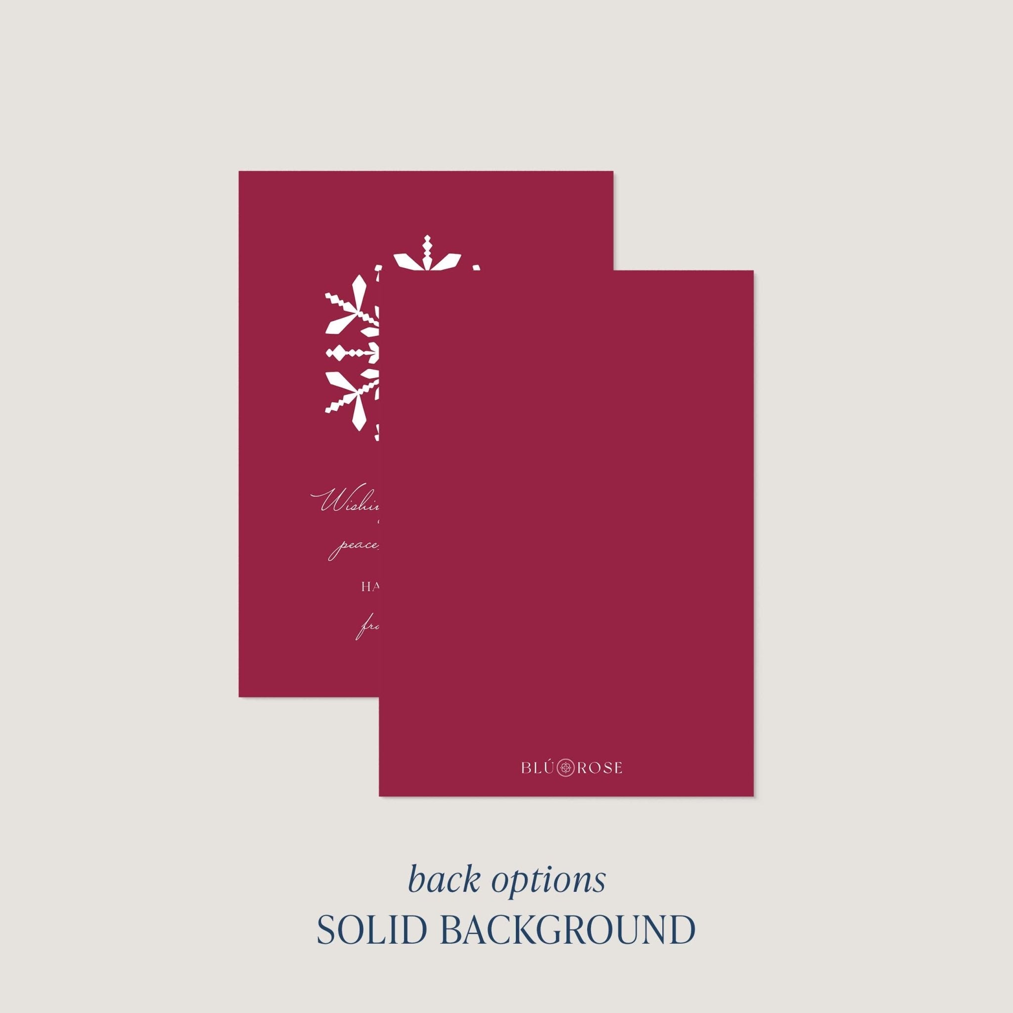 Snowflake card back option: solid burgundy with a small Blú Rose mark