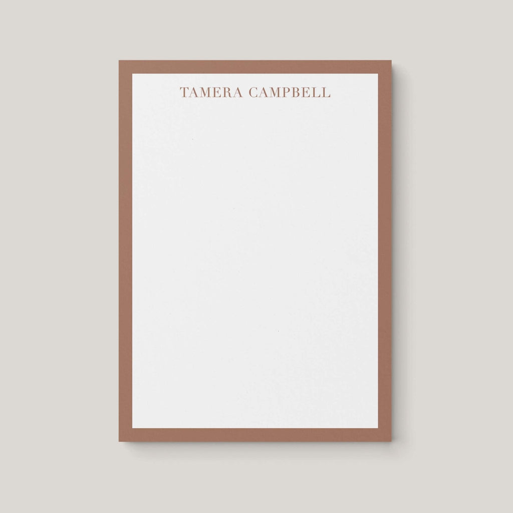 Tamera Border personalized notepad by Blú Rose, cream notepad with a brown border and the name 'Tamera Campbell' in brown