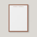 Tamera Border personalized notepad by Blú Rose, cream notepad with a brown border and the name 'Tamera Campbell' in brown