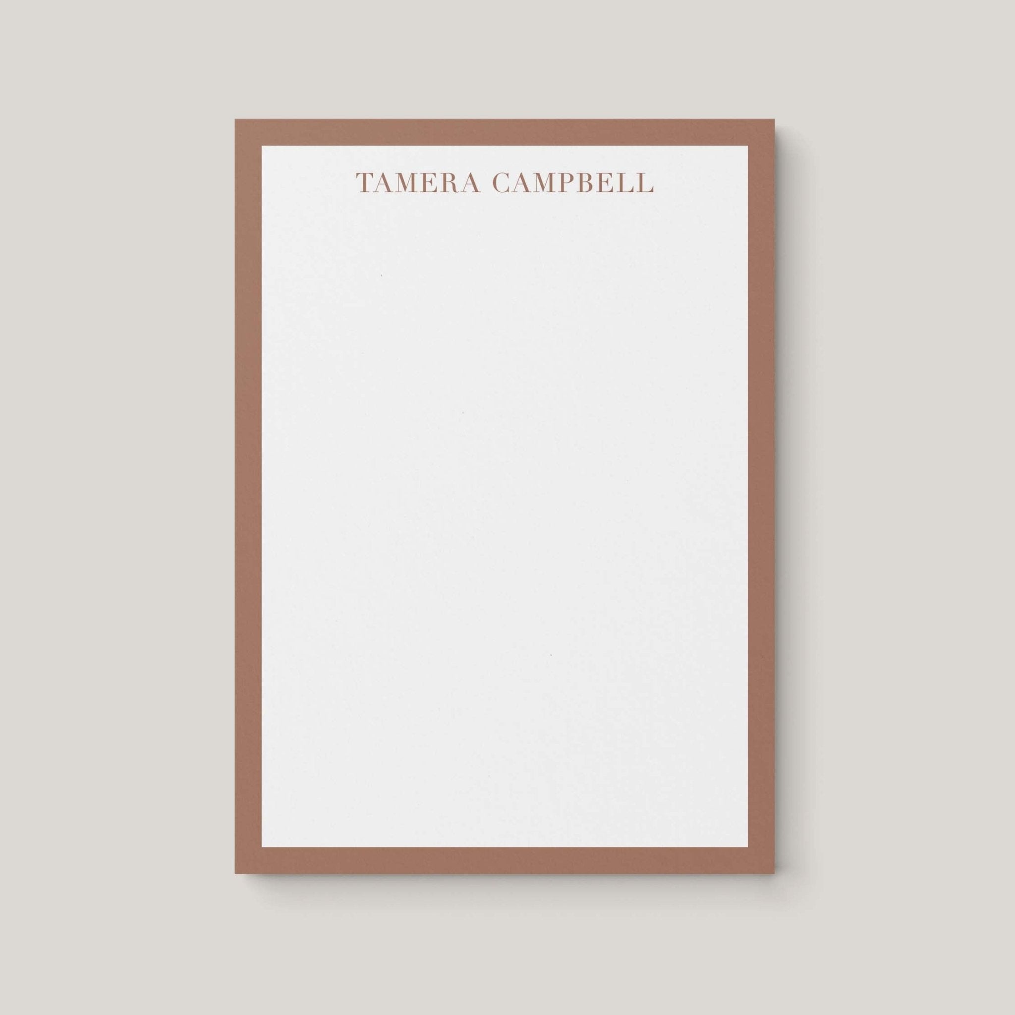 Tamera Border personalized notepad by Blú Rose, cream notepad with a brown border and the name 'Tamera Campbell' in brown