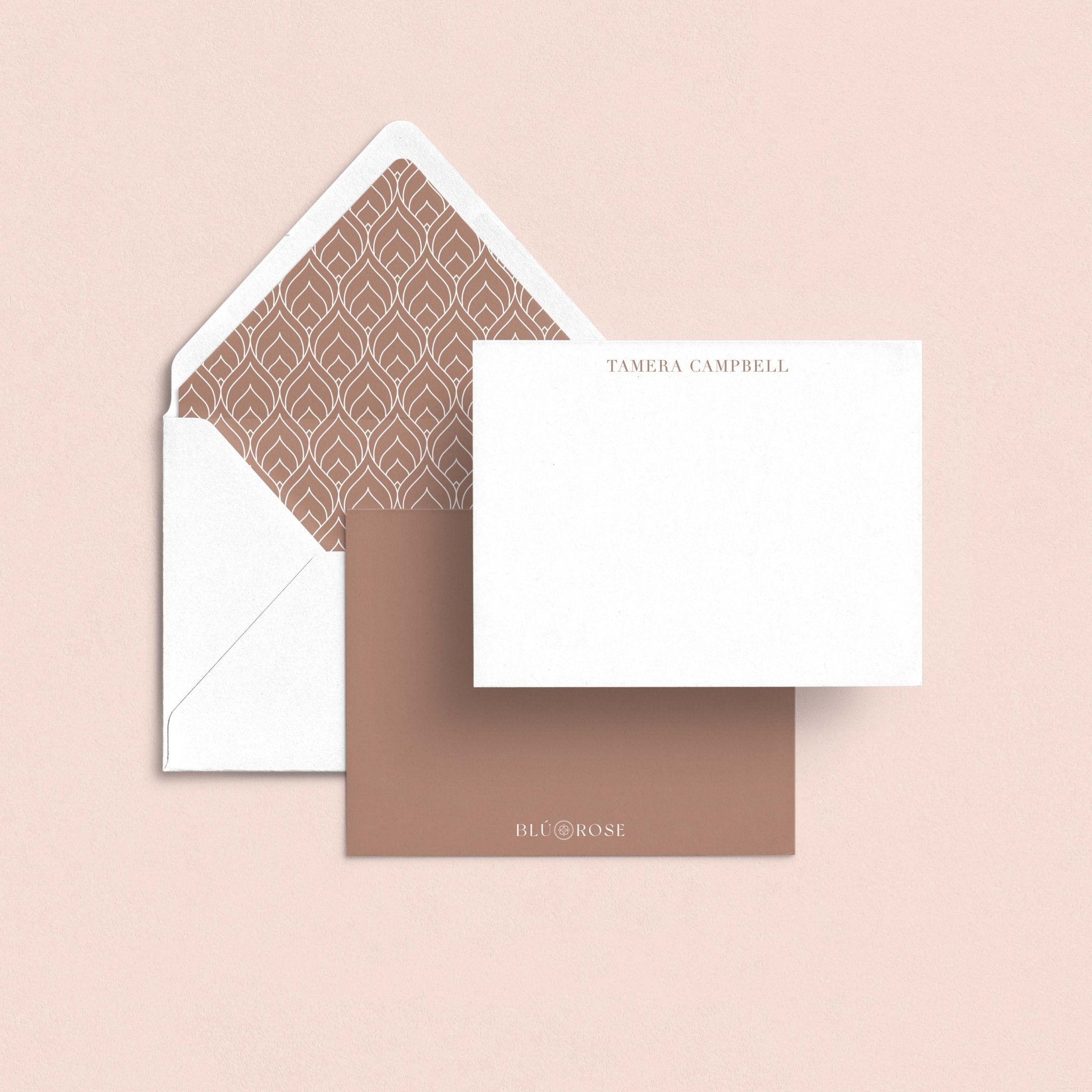 Tamera personalized notecards by Blú Rose, taupe-lettered notecard with a taupe teardrop-patterned envelope liner and matching solid taupe back