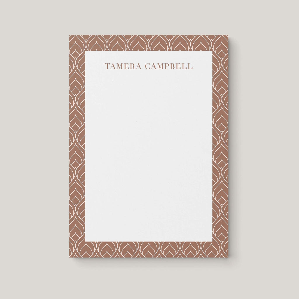 Tamera Pattern personalized notepad by Blú Rose, cream notepad with a taupe teardrop-patterned border and the name 'Tamera Campbell'