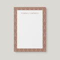 Tamera Pattern personalized notepad by Blú Rose, cream notepad with a taupe teardrop-patterned border and the name 'Tamera Campbell'