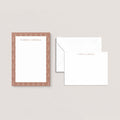 Tamera stationery set by Blú Rose, taupe-patterned notepad with matching flat notecard and envelope, personalized 'Tamera Campbell'