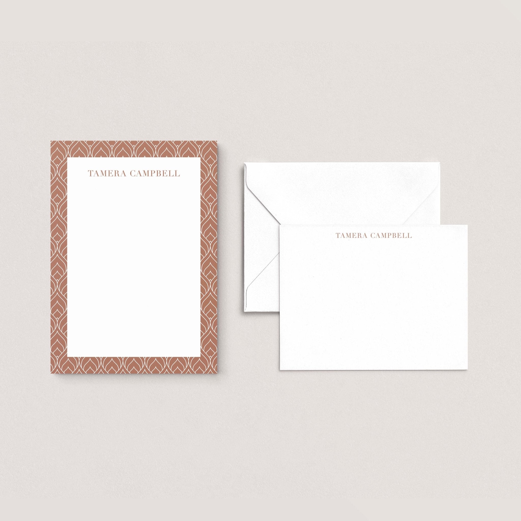 Tamera stationery set by Blú Rose, taupe-patterned notepad with matching flat notecard and envelope, personalized 'Tamera Campbell'