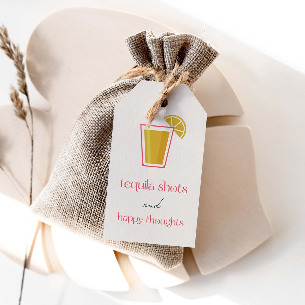 Tequila Shots gift tag by Blú Rose, white 'tequila shots and happy thoughts' tag with a shot glass and lime on a burlap favor bag