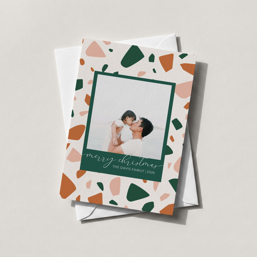Terrazzo photo card with a green, rust and cream terrazzo border framing a family photo