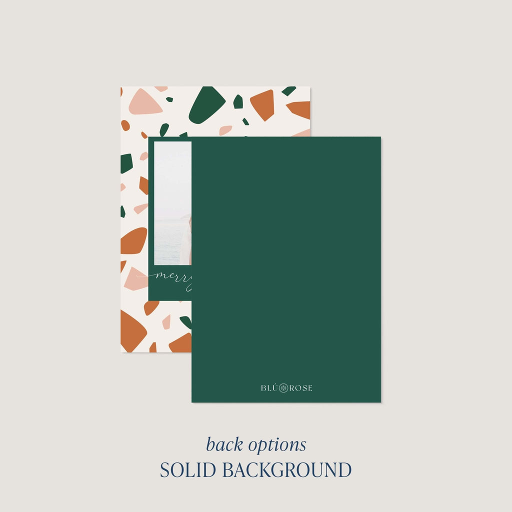 Terrazzo card back option: solid forest green with a small Blú Rose mark